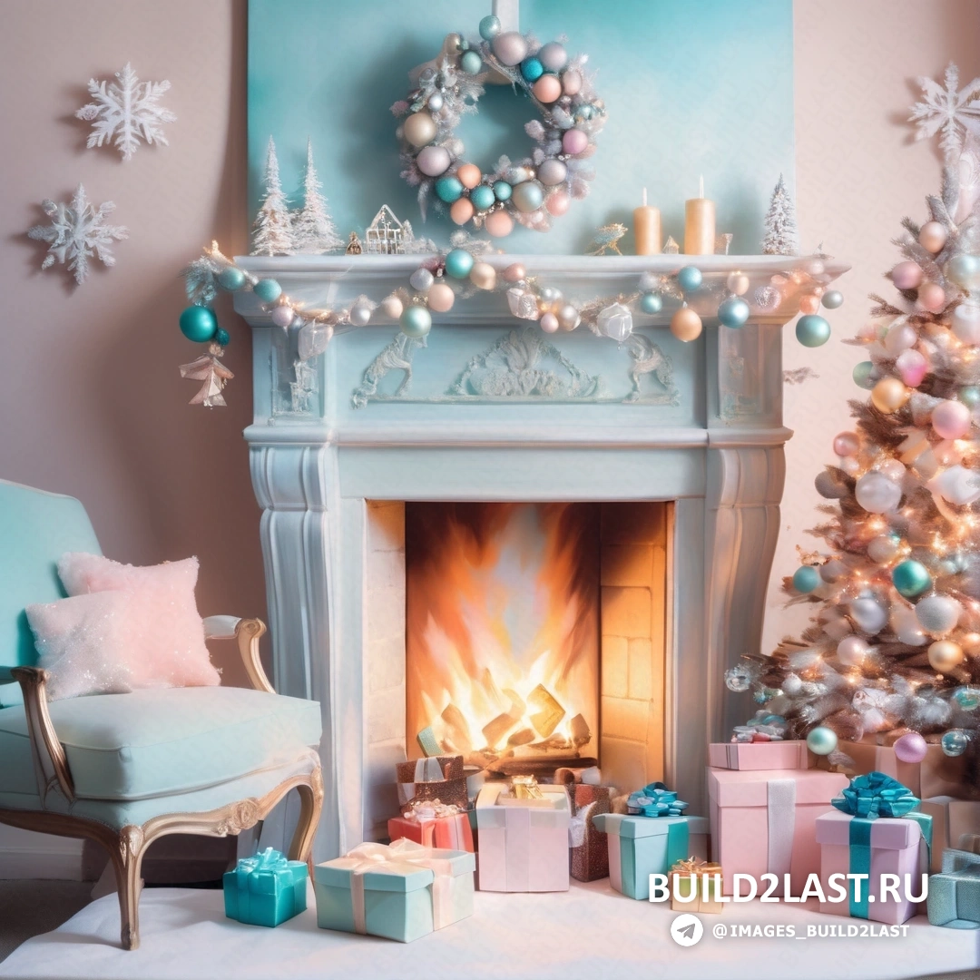 камин с подарками и рождественская елка в углу комнаты с венком наверху