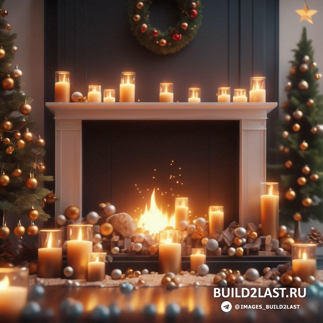 камин с зажженными свечами и рождественскими украшениями и венком над каминной полкой