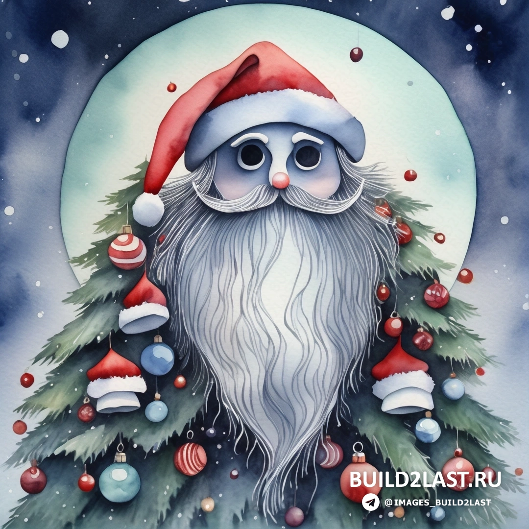 картина Санта-Клауса с бородой в шапке Санты и с рождественской елкой