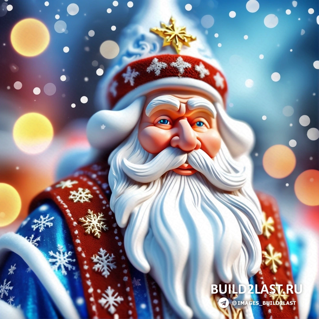Дед мороз с бородой и бородой в красно-синем костюме и золотой звездой