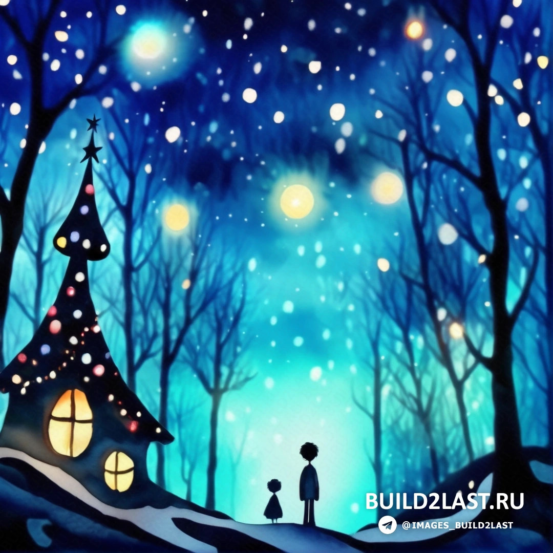 картина человека, стоящего перед домом с деревом и небом, наполненным звездами