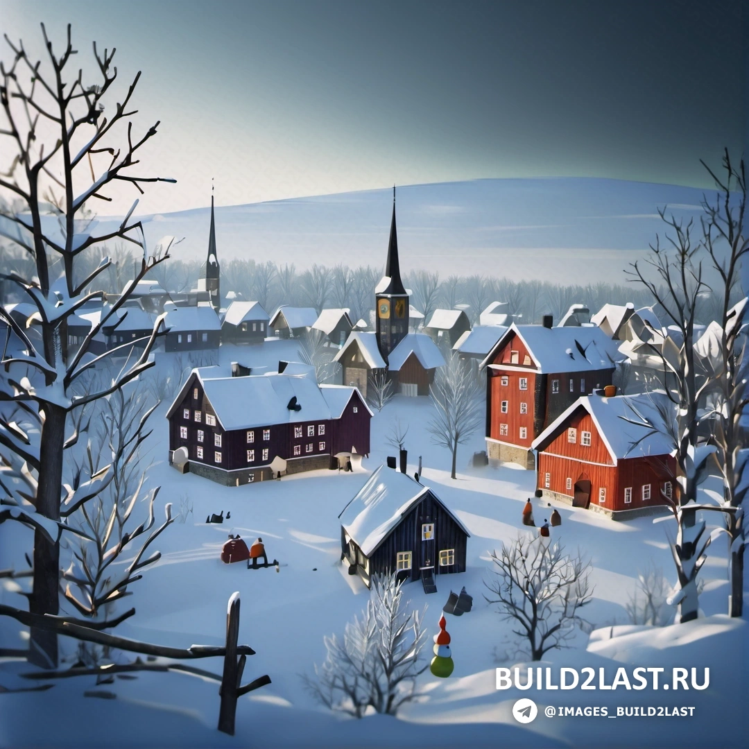 картина деревни в снегу с церковью и шпилем церкви