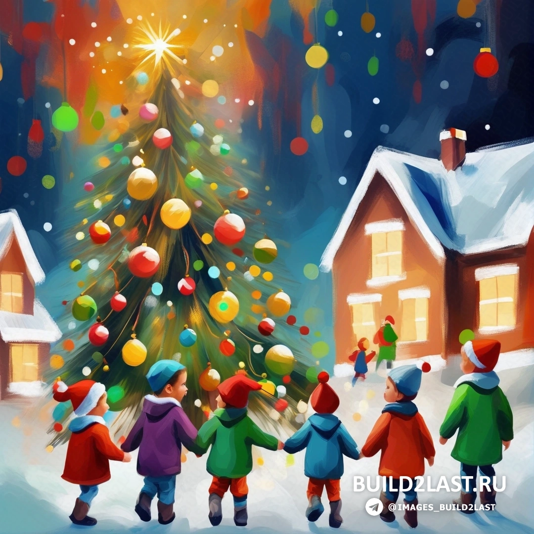 картина детей, стоящих перед рождественской елкой