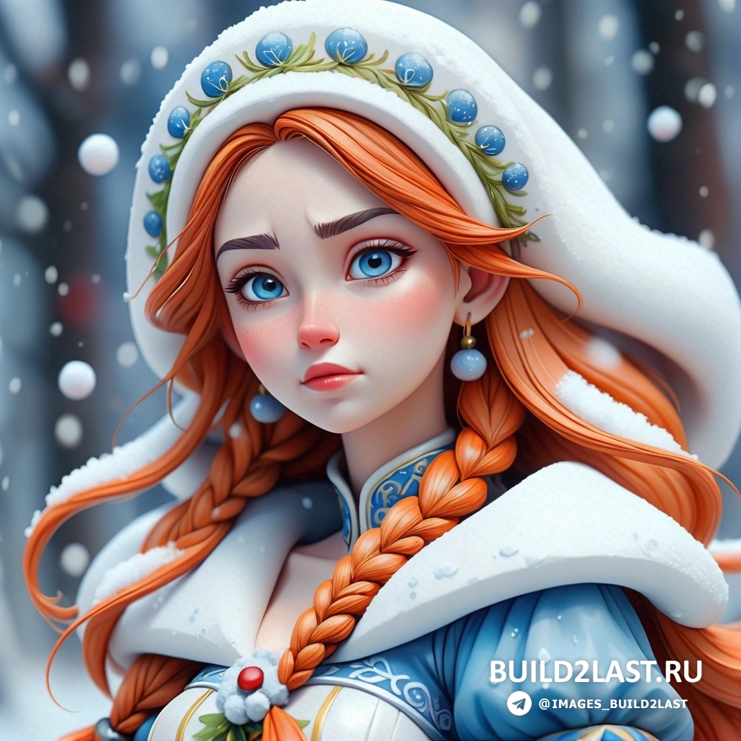Снегурочка с рыжими волосами и шляпой на голове, в синем платье