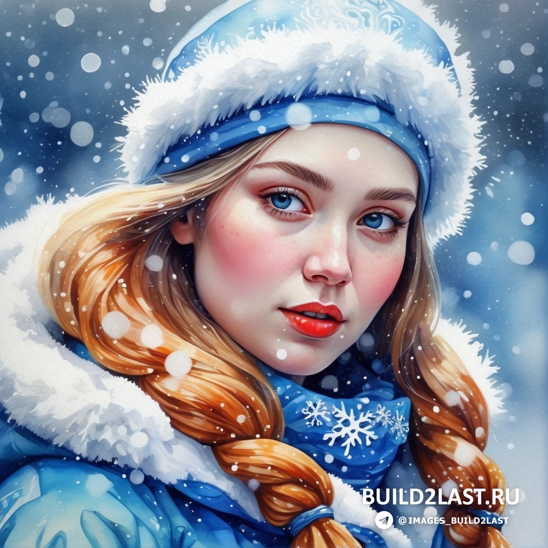 Снегурочка в синем пальто и шляпе с косой в волосах и падающим на нее снегом