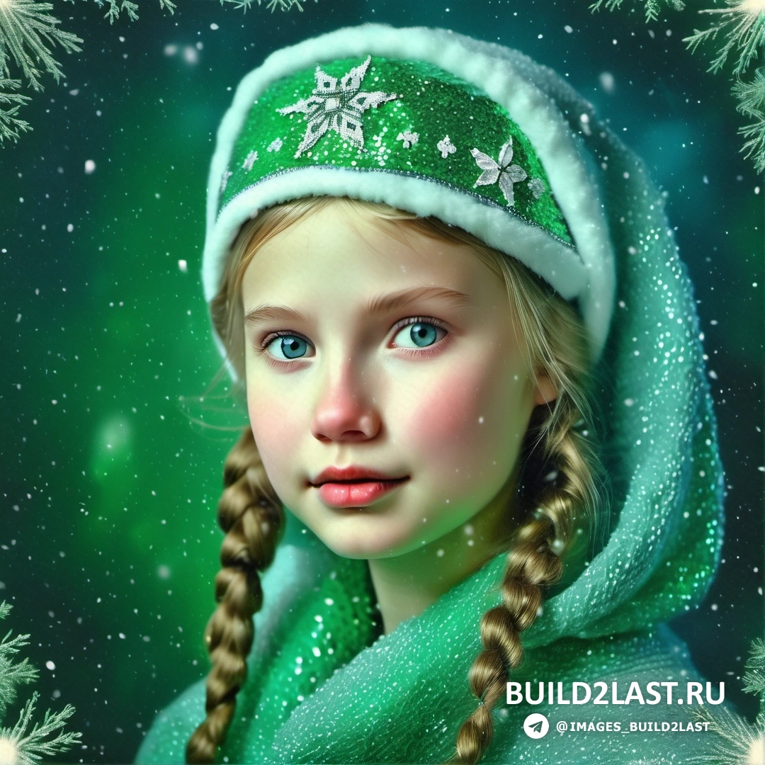 картина девушки в зеленой шляпе и шарфе со снежиночным фоном и снежинками
