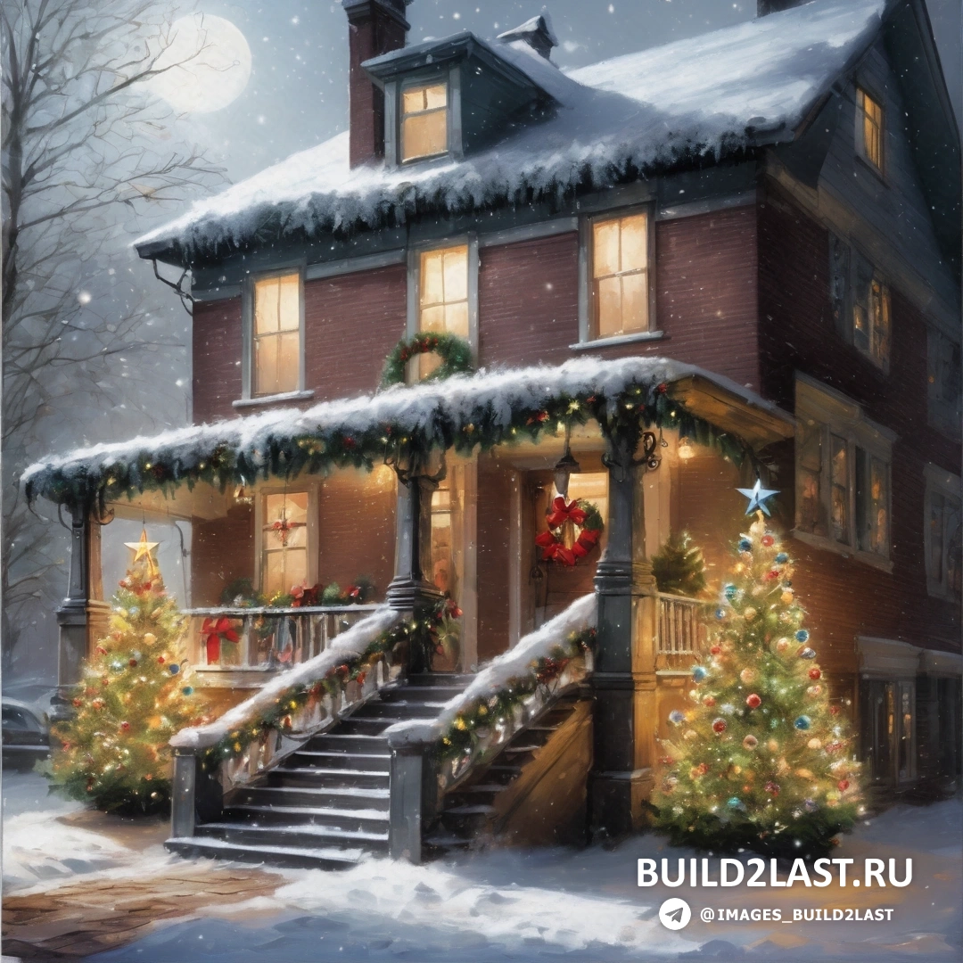 картина дома с елками и огнями на крыльце и лестницей в снегу