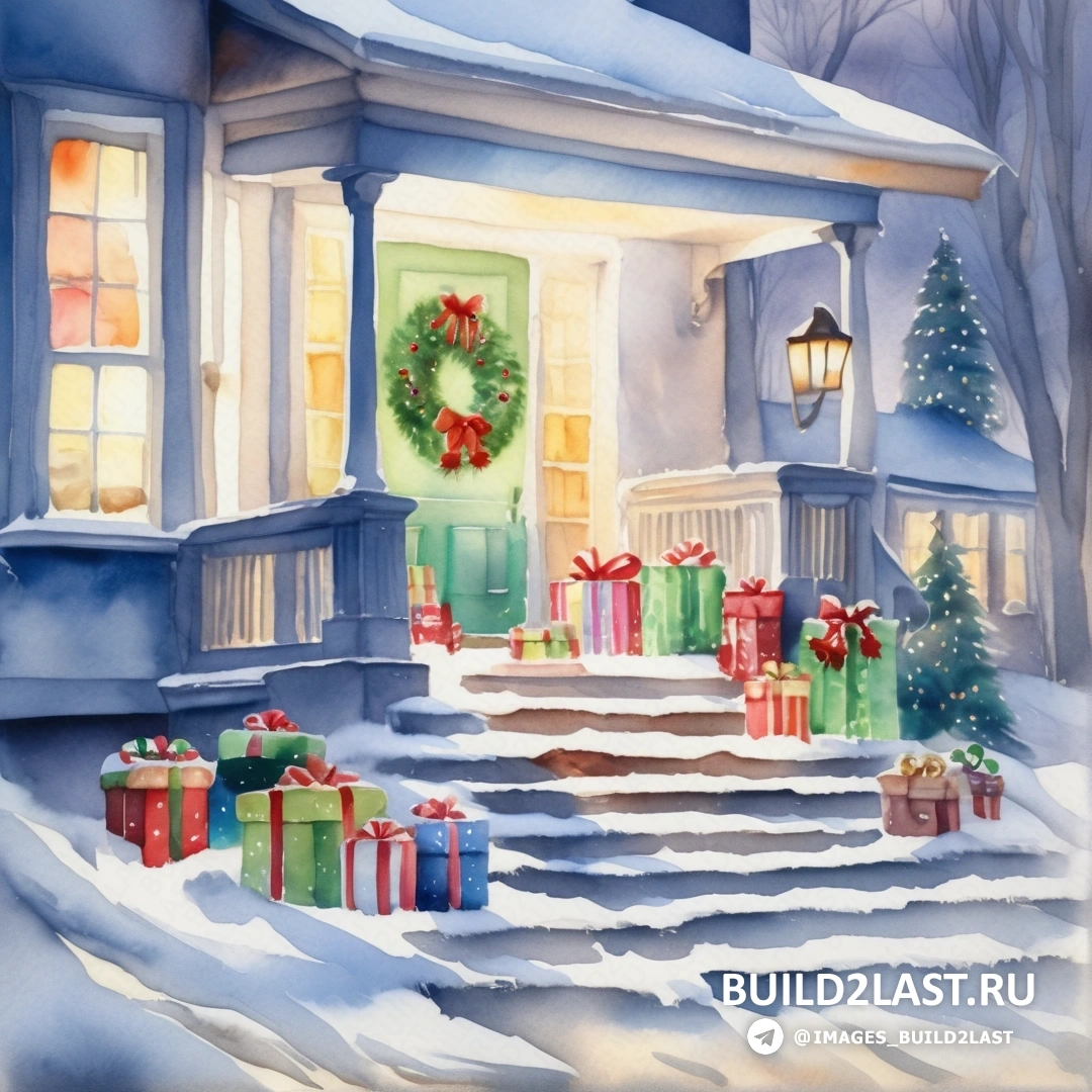 картина дома с подарками снаружи, в снегу, с венком на двери
