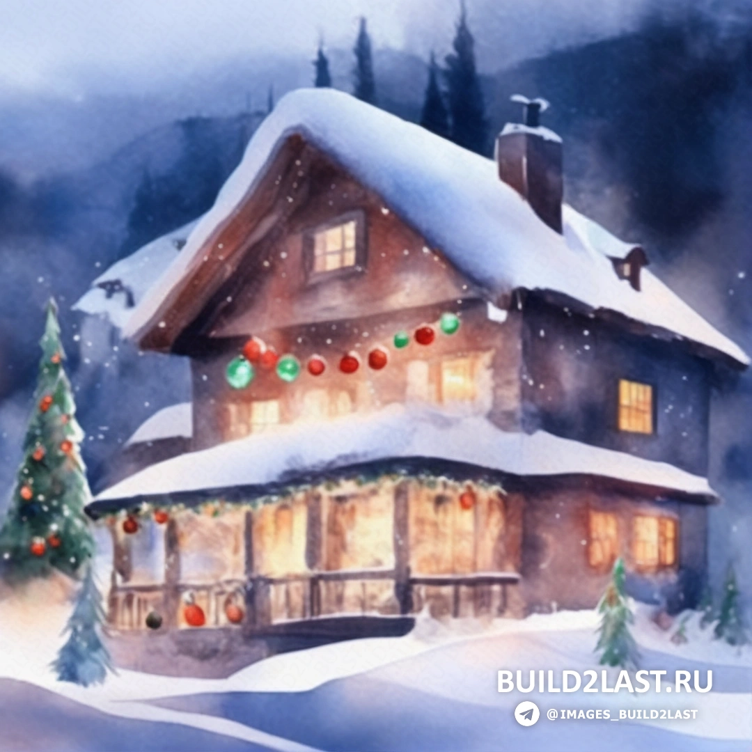картина дома с рождественскими гирляндами на окнах и рождественской елкой перед ним