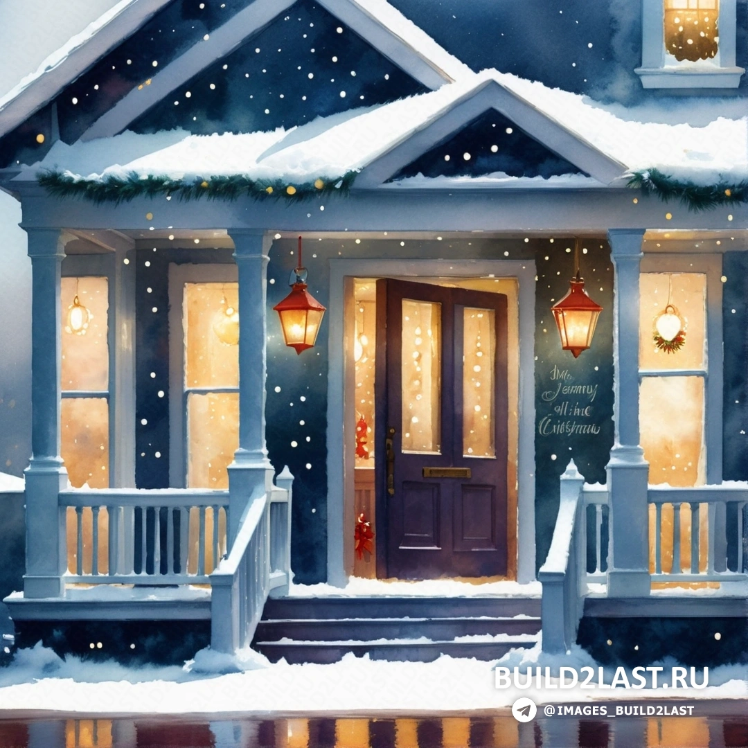 картина дома с зажженной елкой и огнями фонарей на входной двери и крыльцом и снегом на земле