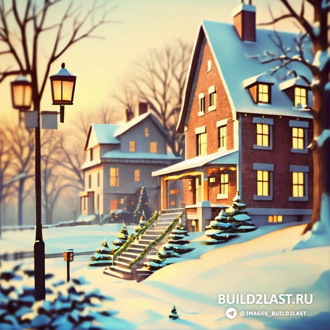 картина дома в снегу с уличным фонарем и ступенями, ведущими к нему, и деревом