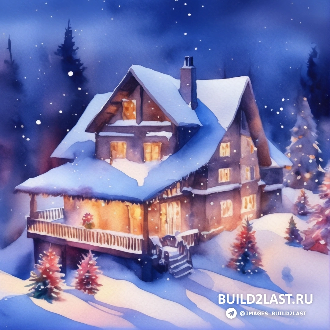 картина дома в снегу с рождественскими гирляндами на окнах