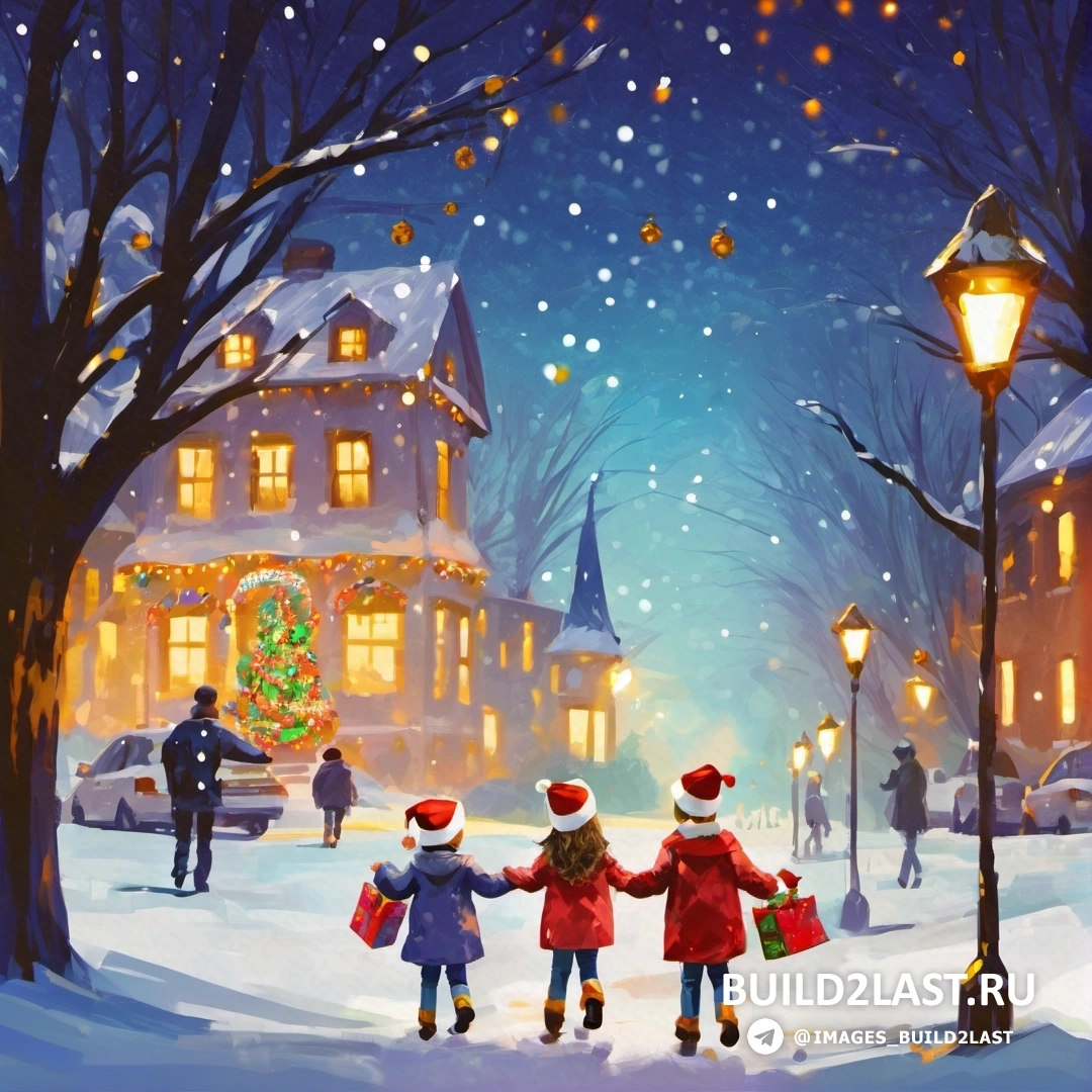 картина двух детей, держащихся за руки на снегу, с елкой и освещенным домом