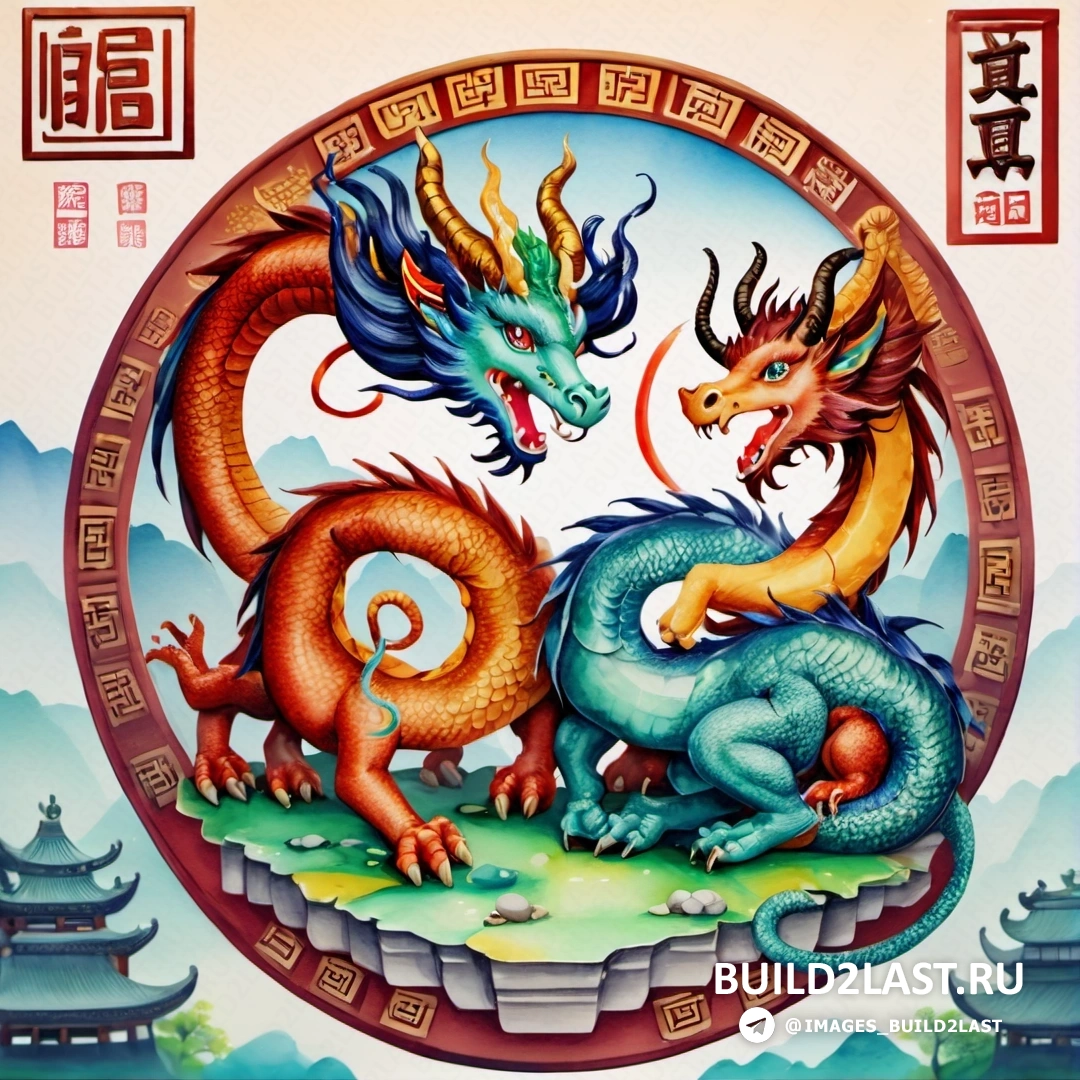 картина двух драконов, сражающихся на вершине горы, с пагодой и китайской надписью внизу