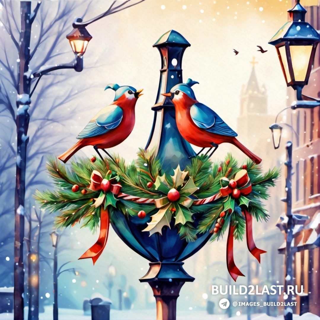 картина двух птиц, на фонарном столбе с венками остролиста и бантами, на фоне заснеженной улицы