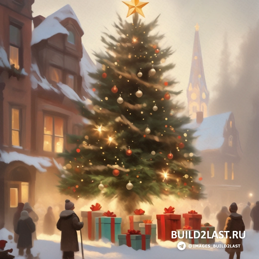 картина елки с подарками и людей, стоящих в снегу возле церкви