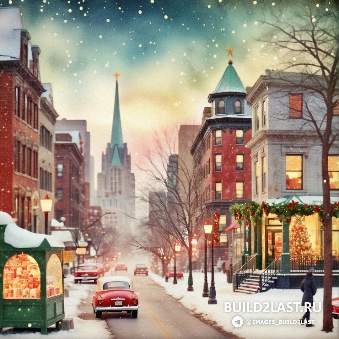 картина городской улицы с рождественской сценой и человеком, идущим по улице