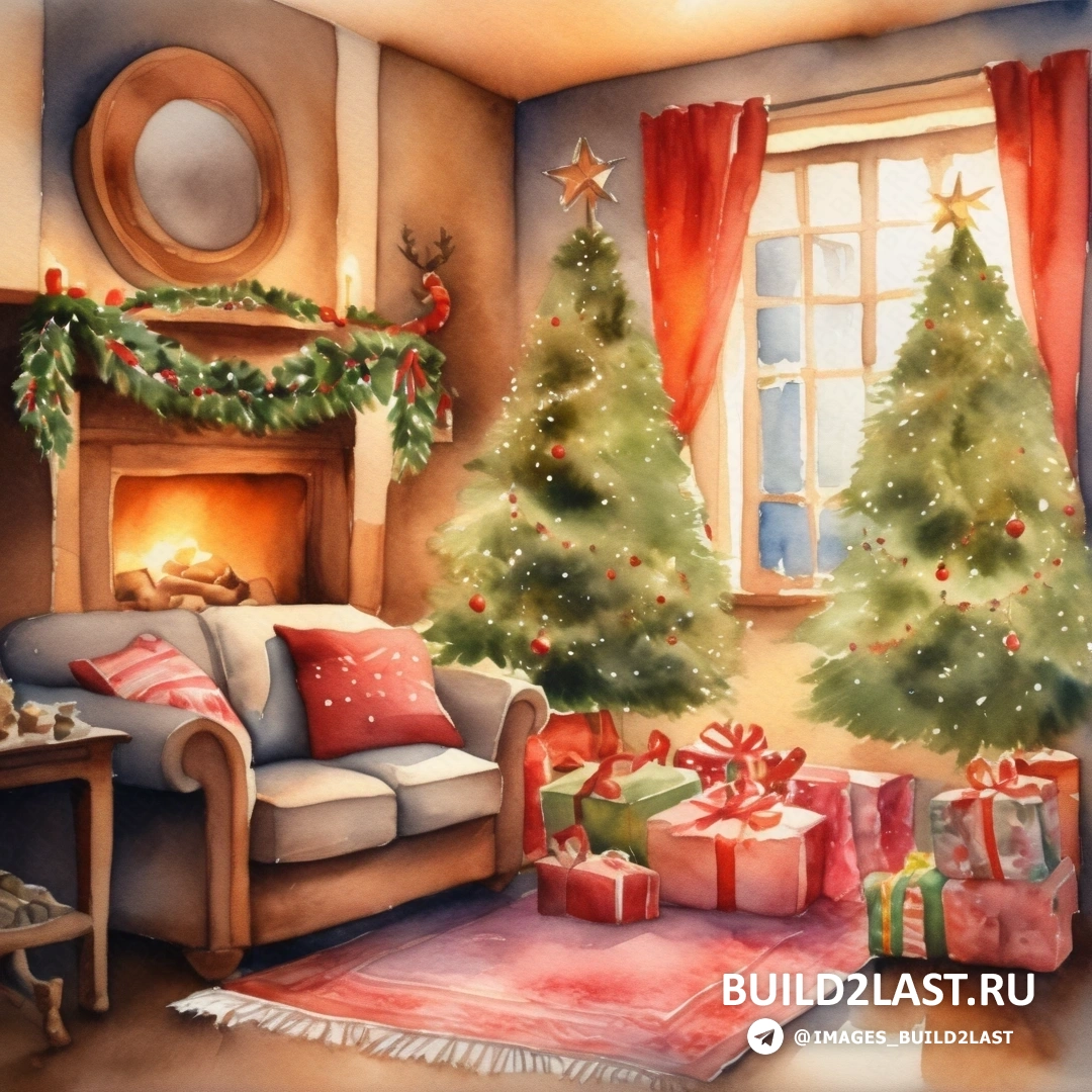картина гостиной с рождественскими елками и подарками на полу и камином в углу