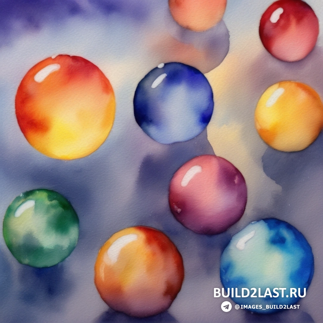 картина группы разноцветных шаров в воздухе с фиолетовым фоном и голубым небом
