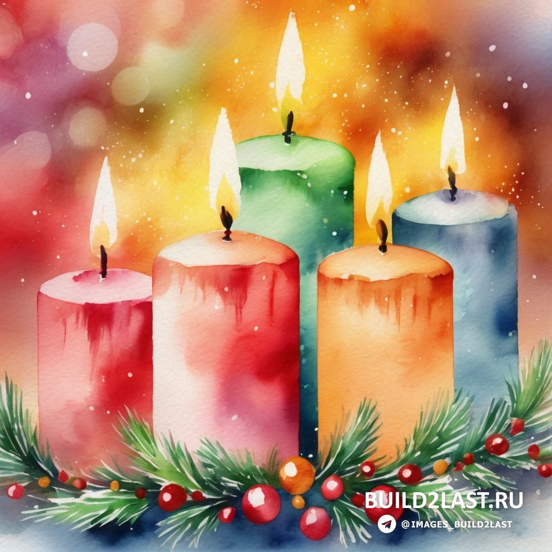 картина - пять свечей с падубом и ягодами на красочном фоне со снегом и звездами и гирляндой из остролиста