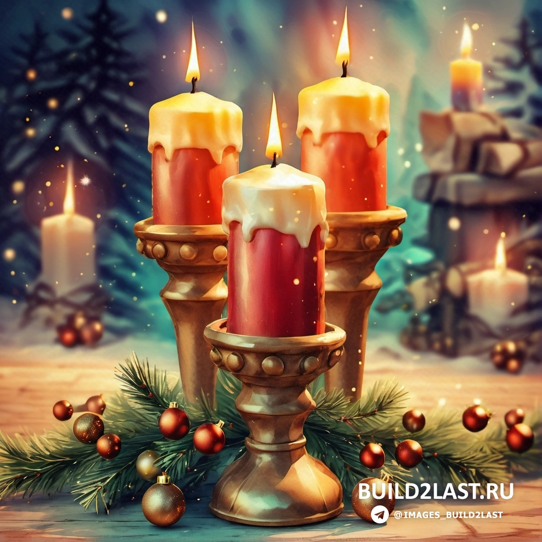 картина из трех свечей с елочными украшениями и елки со снегом и огнями