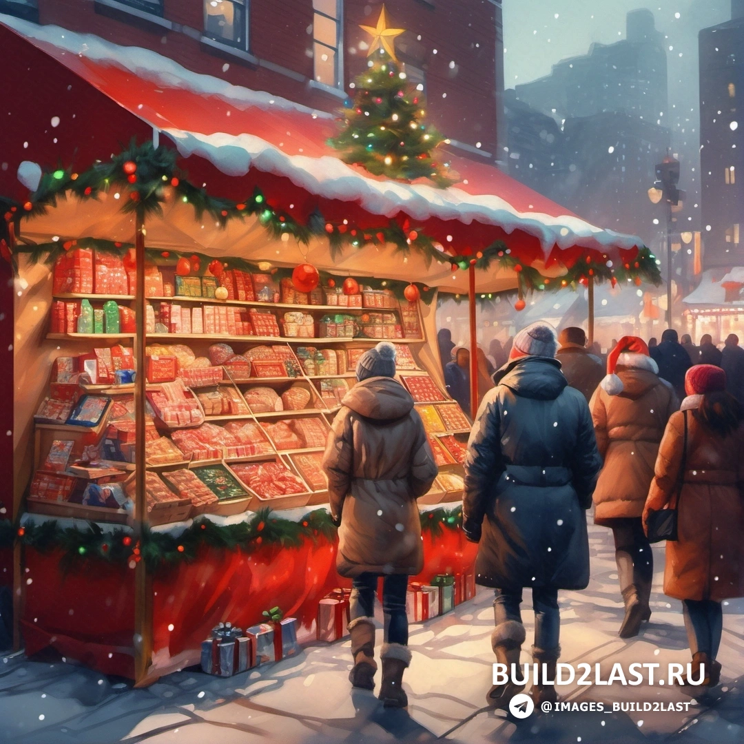 картина людей, гуляющих по рождественскому базару в снегу с елкой на углу улицы