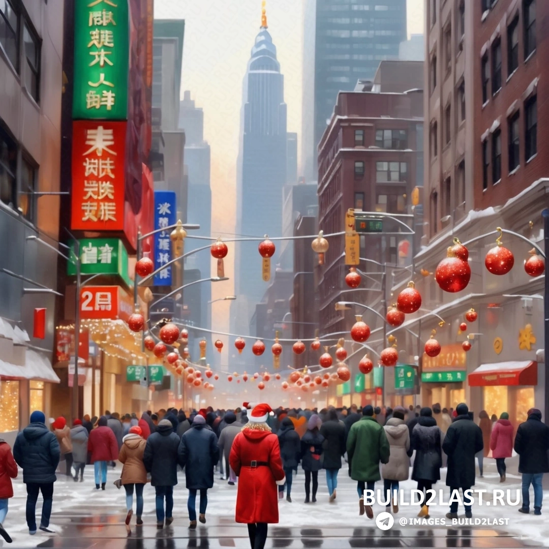 картина людей, идущих по улице в городе с высокими зданиями и китайскими фонарями, развешанными поперек улицы
