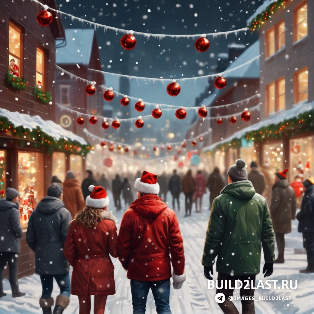 картина людей, идущих по заснеженной улице с рождественскими украшениями, свисающими с потолка, и огнями на зданиях
