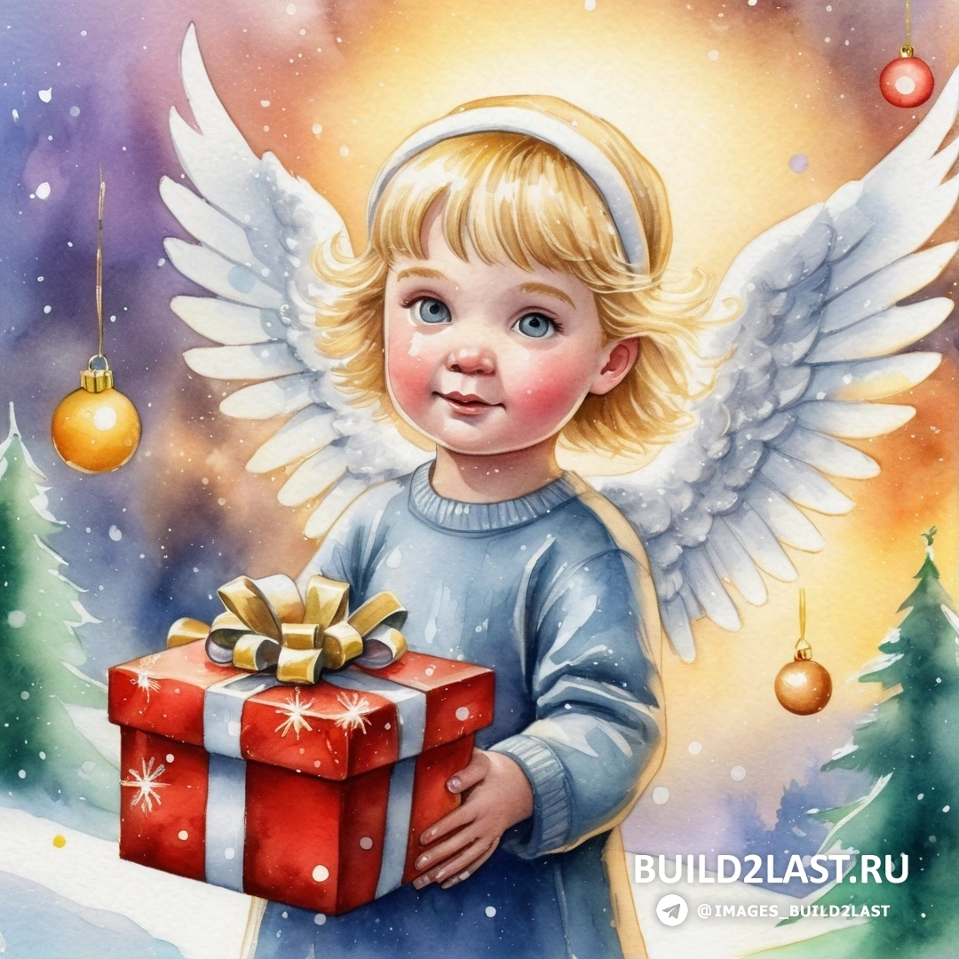 картина маленького ангела, держащего подарочную коробку, с рождественской елкой и безделушкой, свисающей с потолка