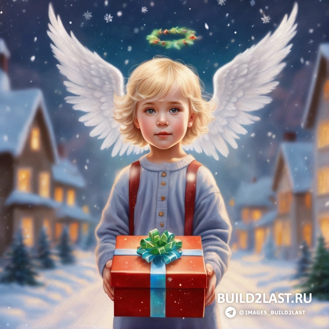 картина маленькой девочки, держащей коробку с подарками, с крыльями ангела над головой и заснеженной деревней