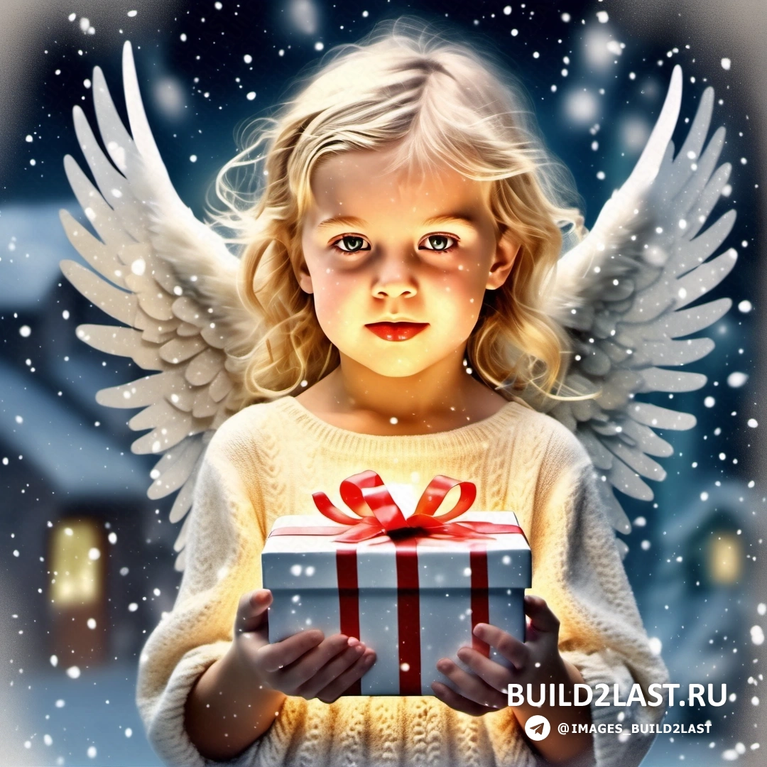 картина маленькой девочки, держащей подарочную коробку с крыльями, и снежной сцены позади нее