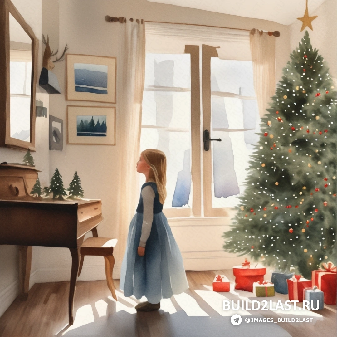 картина маленькой девочки, стоящей перед елкой в комнате