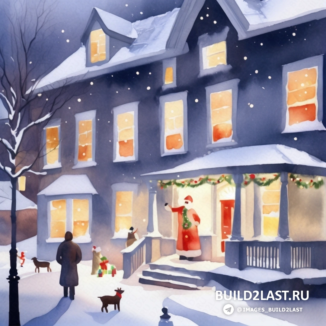картина мужчины и женщины возле дома с рождественскими огнями на окнах и собакой в снегу