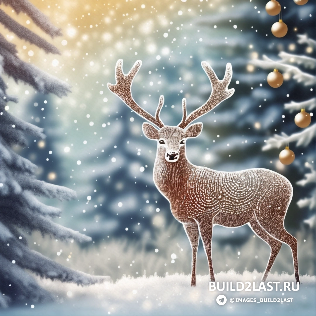 картина оленя в заснеженном лесу с рождественскими украшениями на деревьях и заснеженной землей