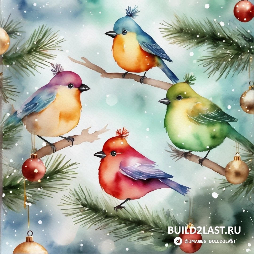 картина птиц, на ветке с украшениями, свисающими с ветвей в снегу