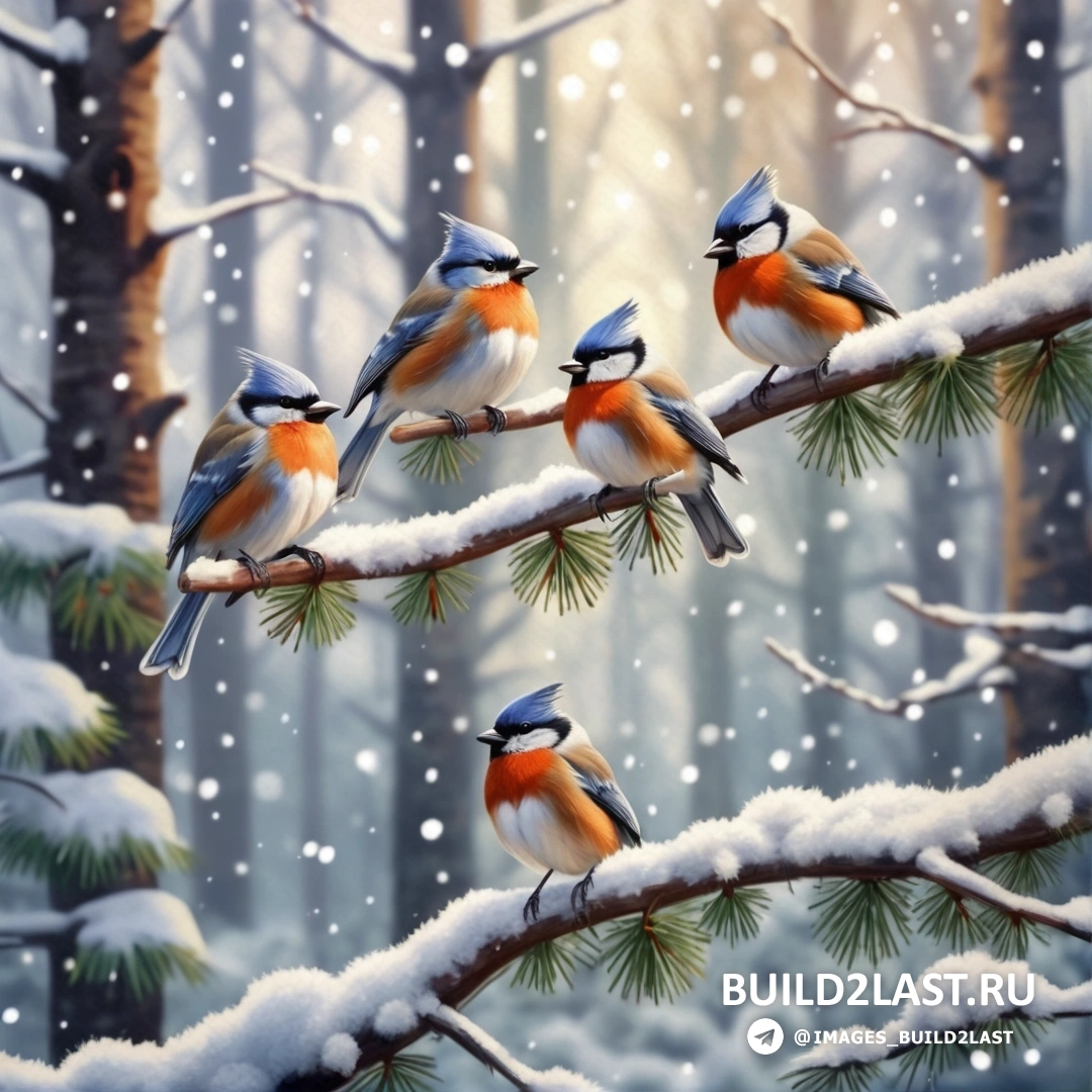 картина птиц, на ветке в снегу, с сосновыми иголками