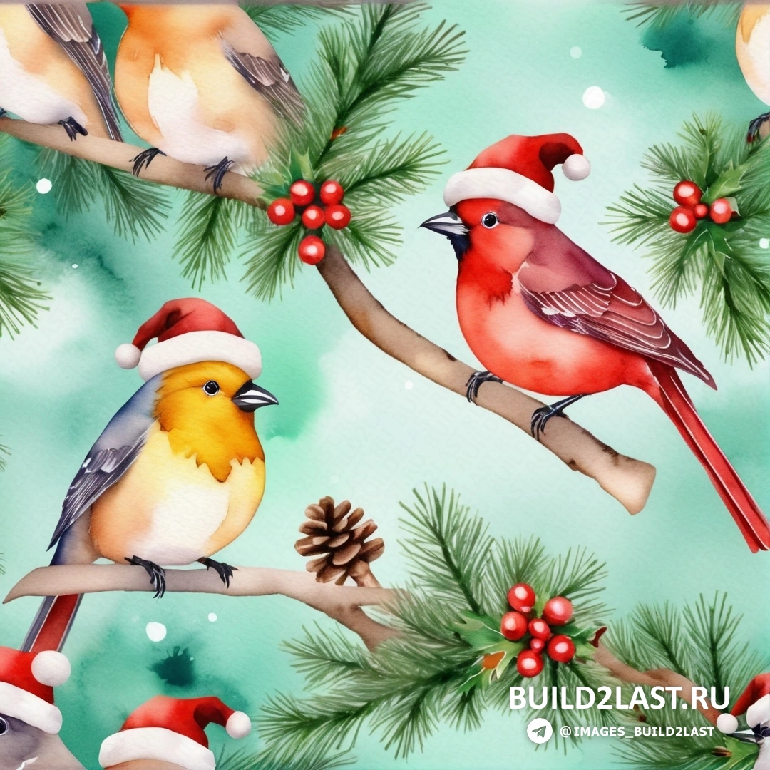 картина птиц на ветке с шишками и ягодами на синем фоне со снежинками