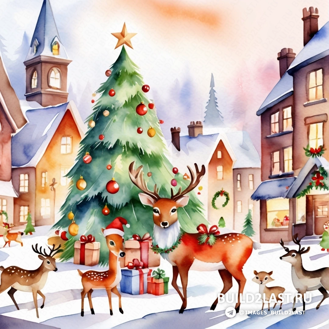 картина: рождественская елка с оленями и подарками перед ней и дом с рождественской елкой