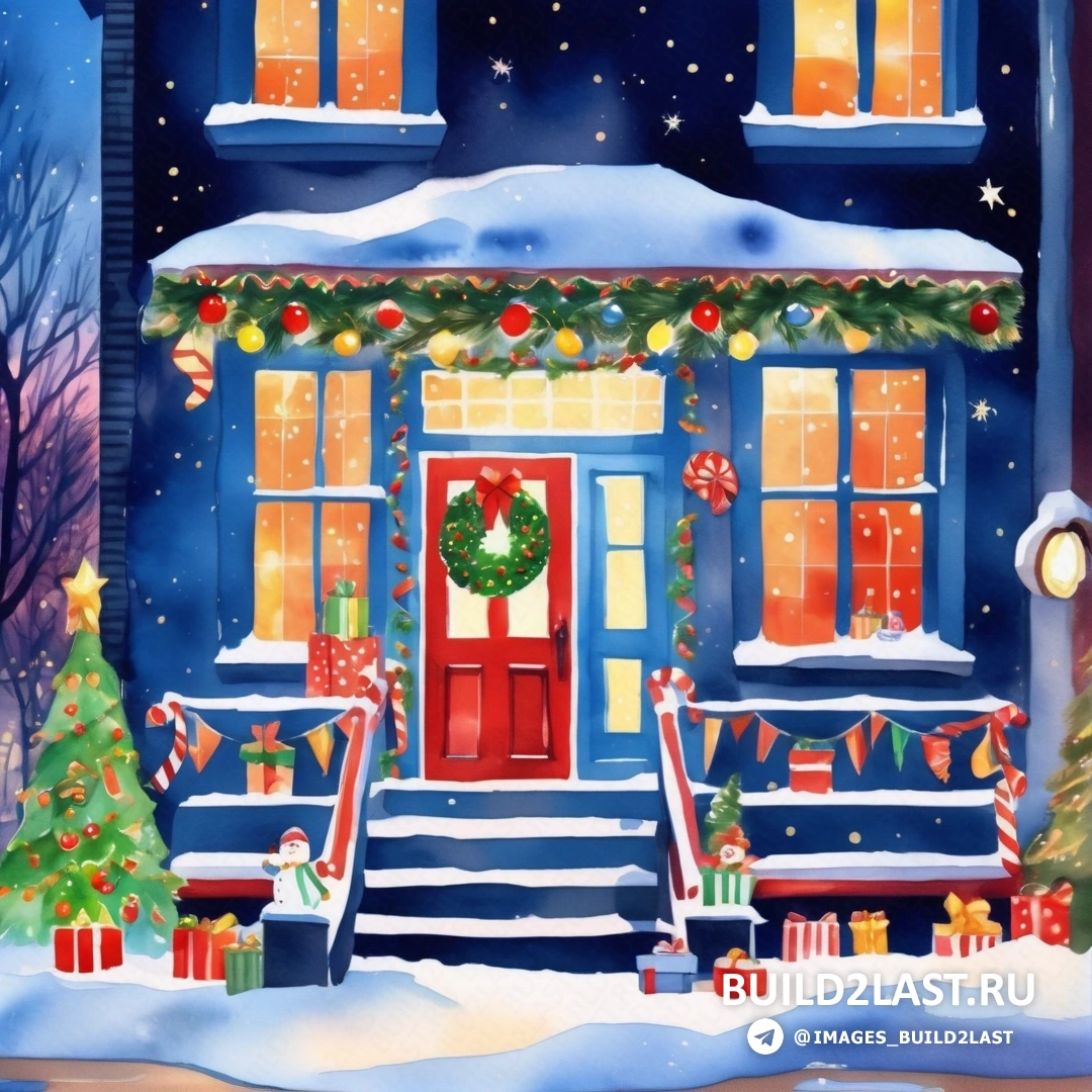картина рождественского домика с венком и подарками на входной двери и рождественской елкой перед ней