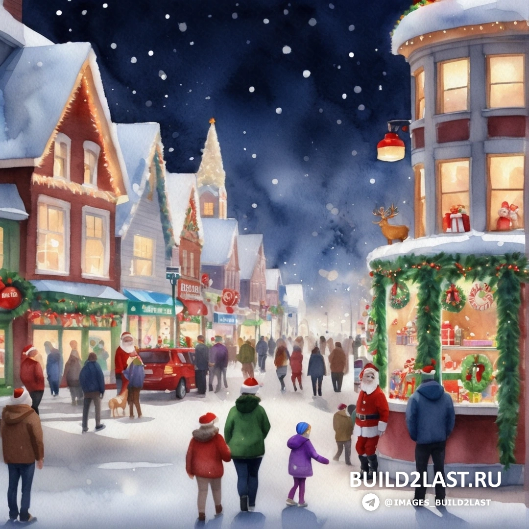картина рождественского городка с гуляющими людьми и елкой с включенными огнями