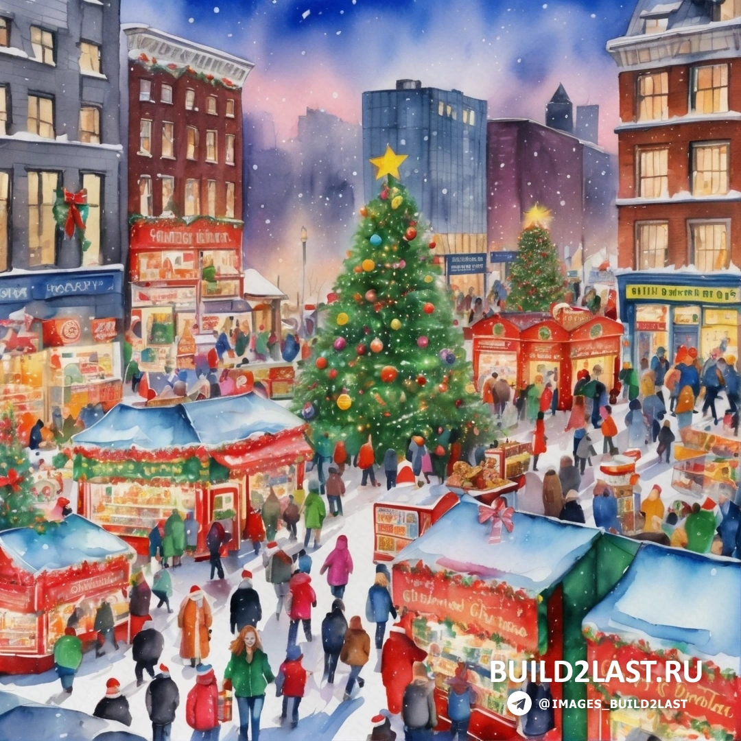 картина рождественской елки на многолюдной городской улице с гуляющими людьми