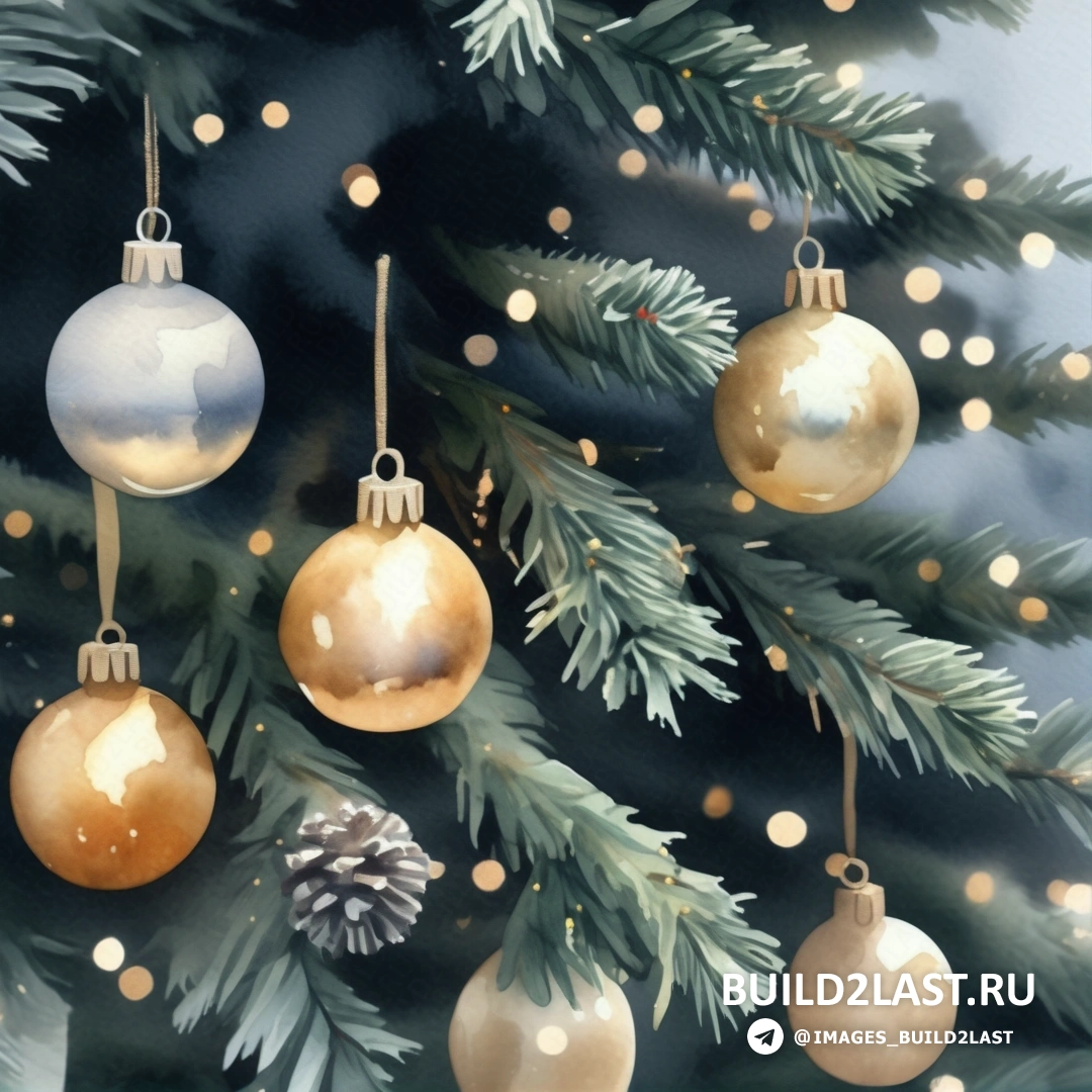 картина рождественской елки с украшениями, свисающими с ее ветвей, и сосновой шишкой справа
