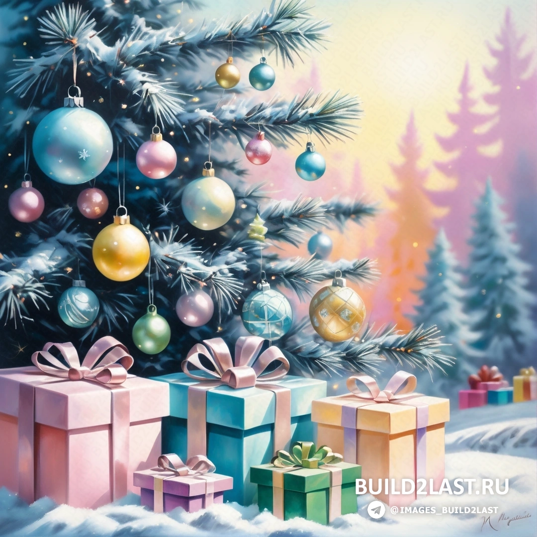 картина рождественской елки с подарками и заснеженной сосны с красочным фоном