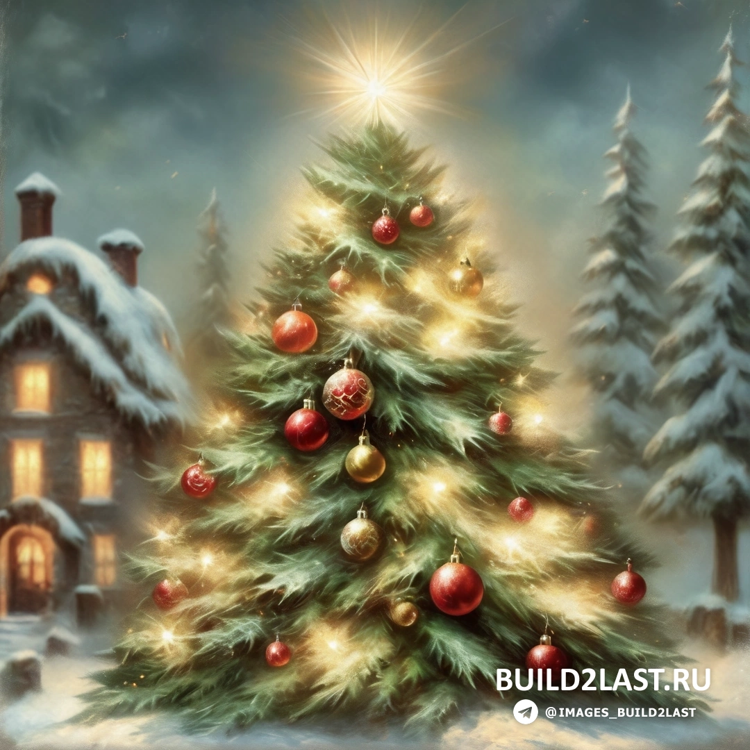 картина рождественской елки в заснеженном пейзаже с домом, звездой и освещенной елкой