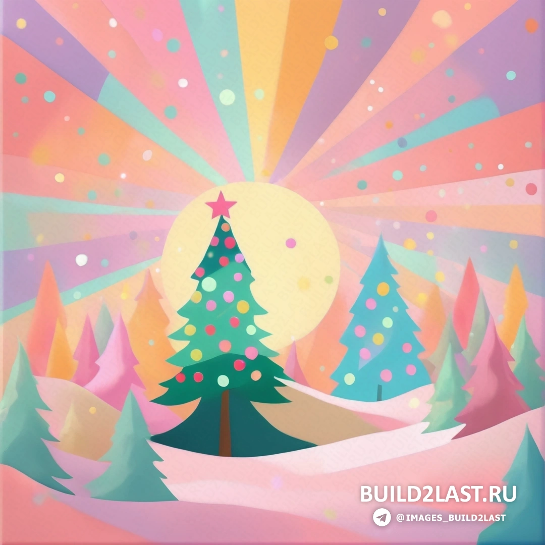 картина рождественской елки в заснеженном пейзаже с солнечным лучом и звездами