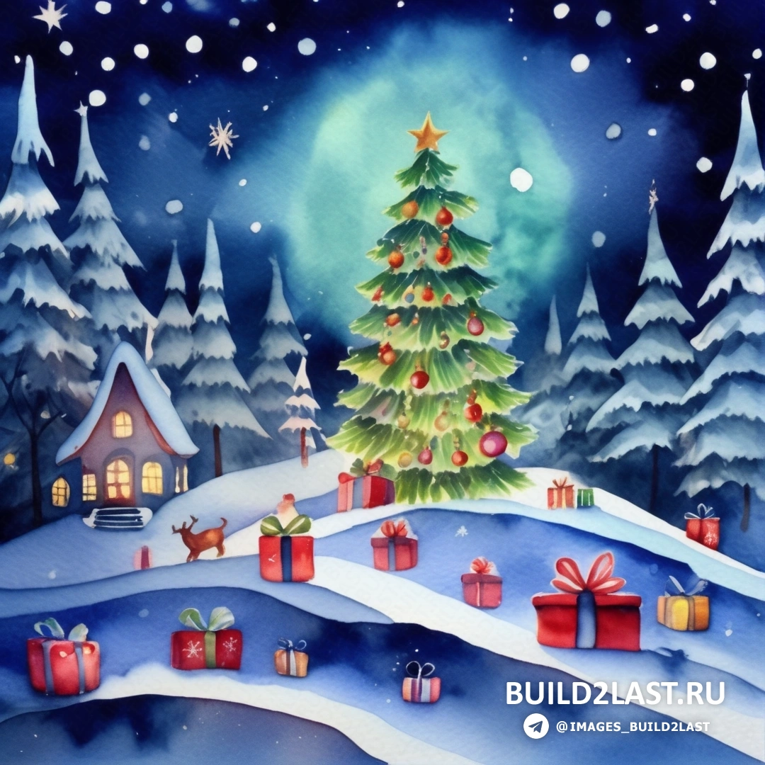 картина рождественской елки с подарками в снегу и дома с полной луной