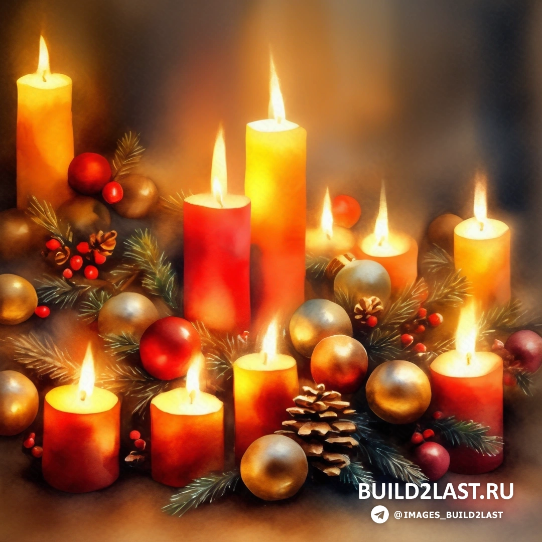 картина рождественской композиции со свечами и украшениями на столе с сосновыми шишками