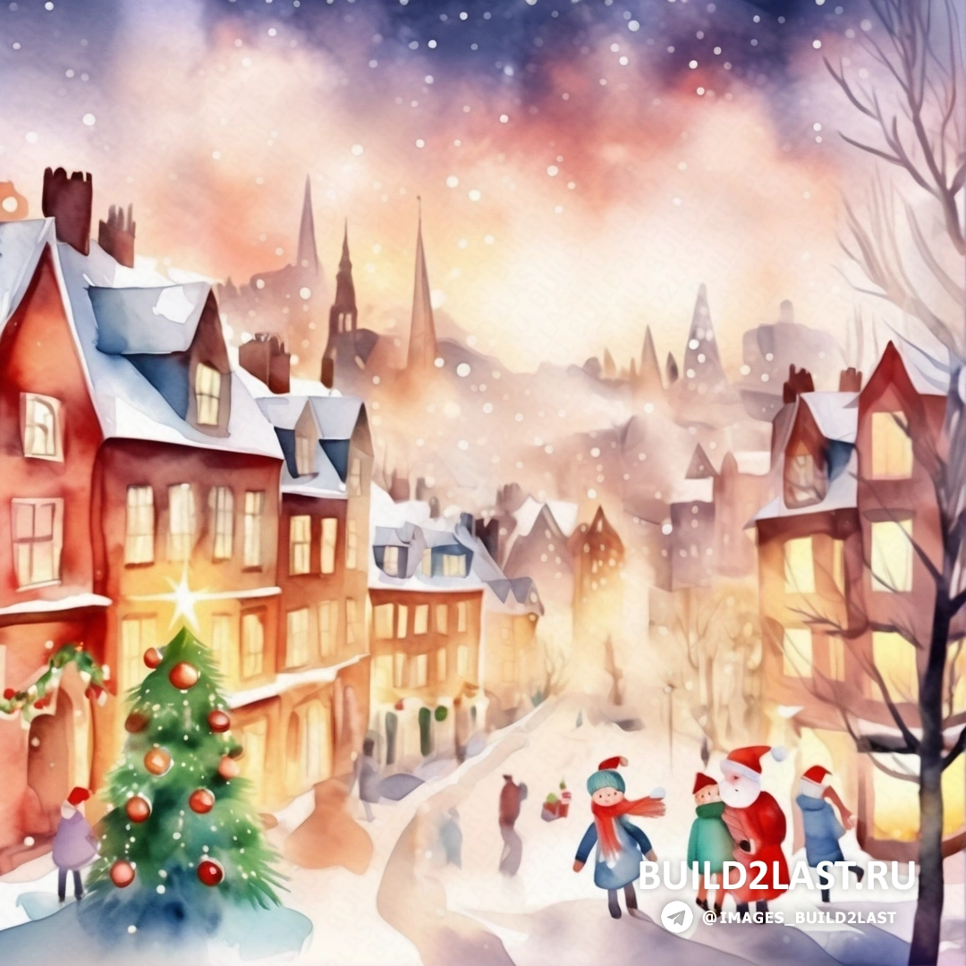 картина рождественской сцены с городом и елкой