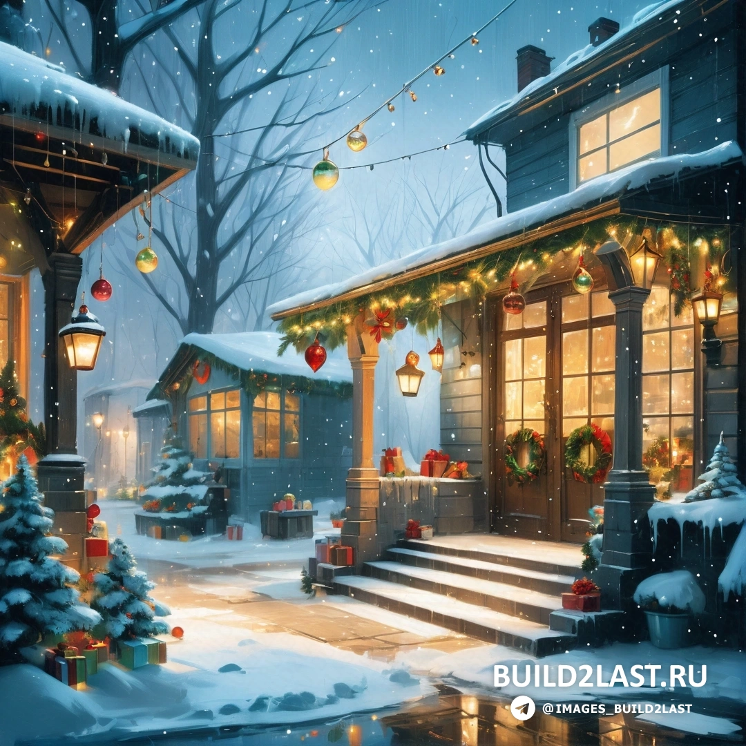 картина рождественской сцены с домом и прудом в снегу с огнями на крыльце