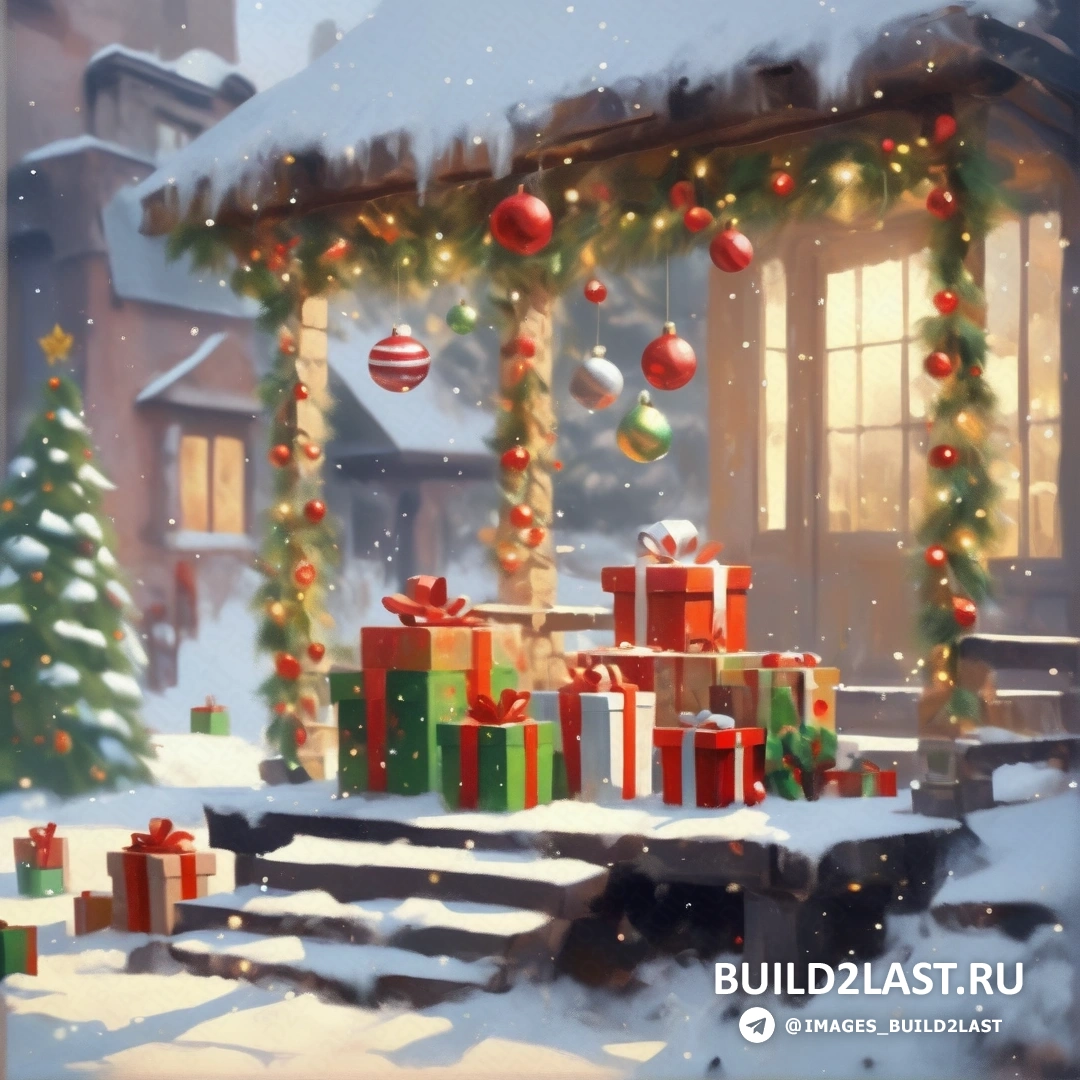 картина рождественской сцены с подарками на крыльце и рождественской елкой с огнями
